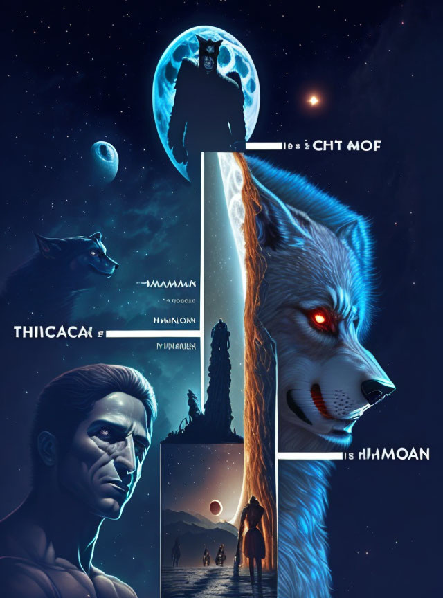 Sci-fi collage: large moon, wolf, humanoid figure, cosmic backdrop, alien symbols