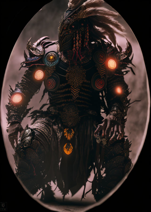 Mystical figure in ornate armor with red glowing elements and feathers