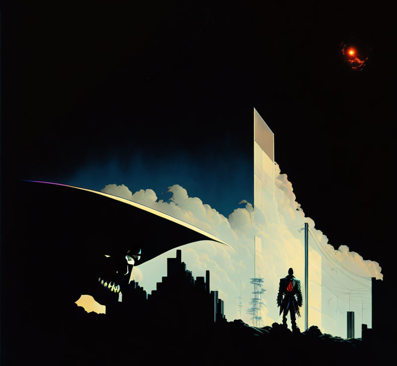 Illustration of towering structure, silhouetted figure, and fiery orb in the sky