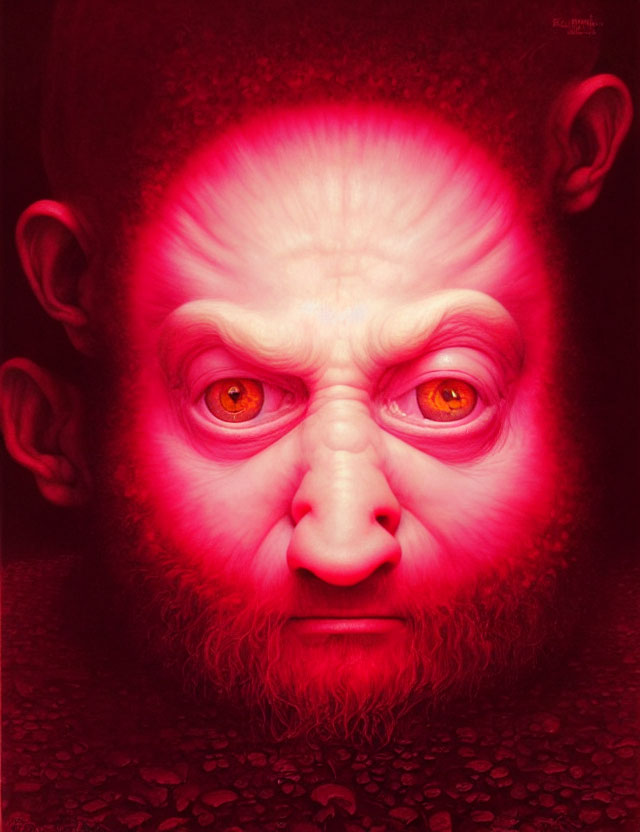 Surreal portrait with vivid red and pink colors, creature with human-like features, intense orange eyes