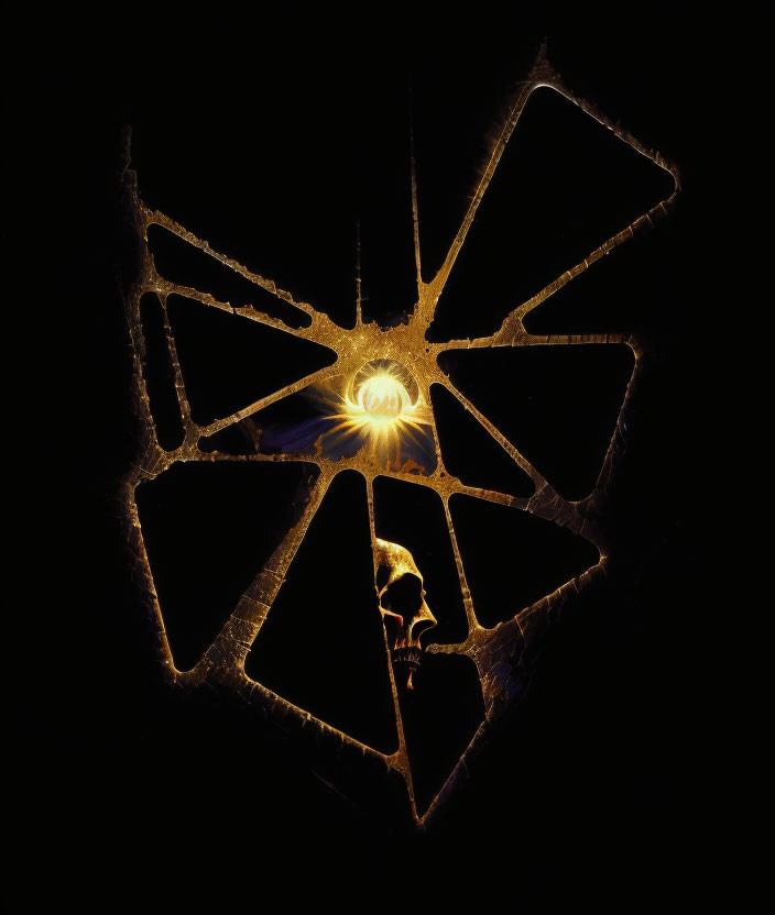 Skull on cracked surface with spider-web effect under bright light