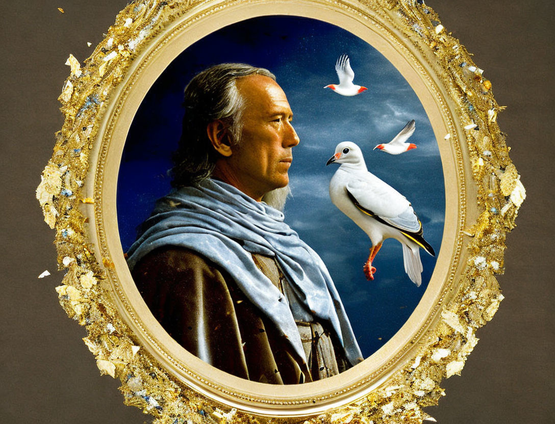 Digitally altered image of man in historical attire with seagull on shoulder in ornate golden frame