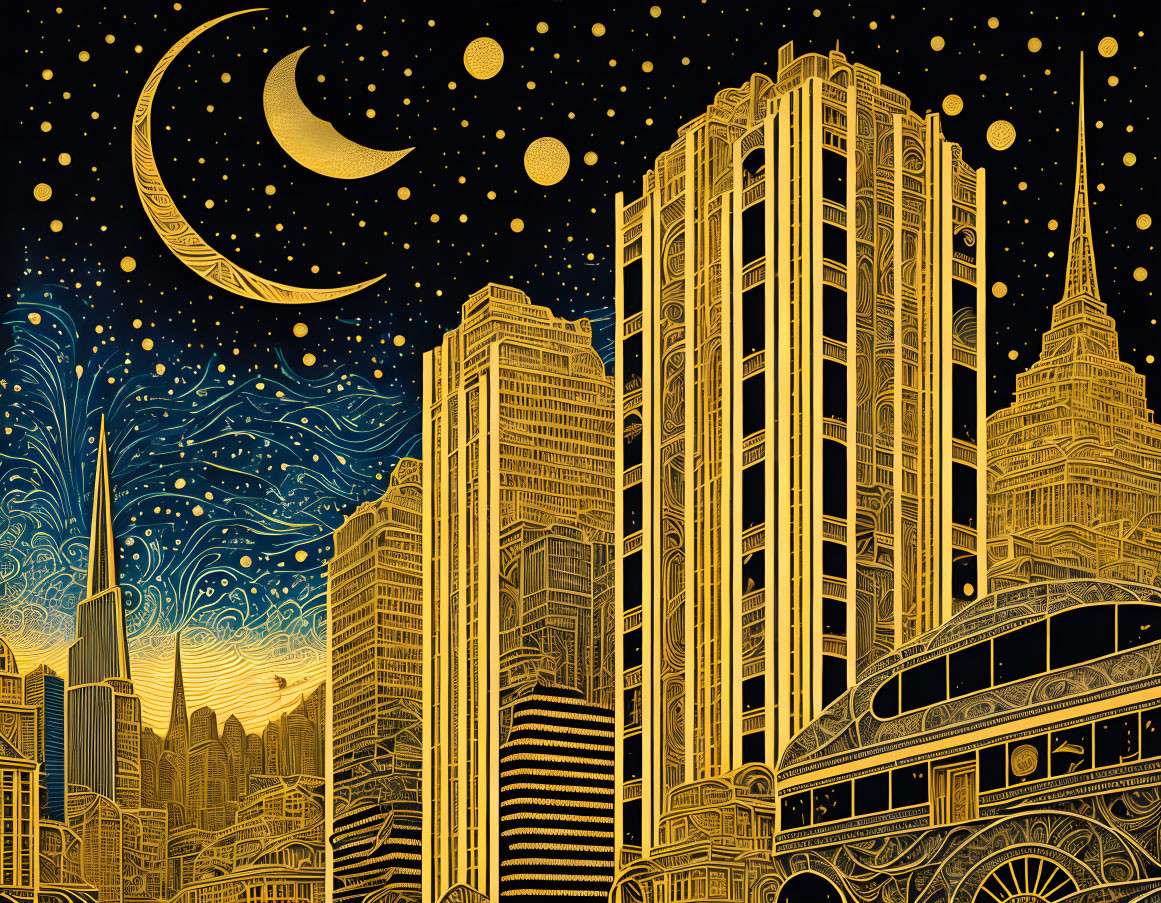 Cityscape Skyscrapers Art Deco Illustration Night Sky Crescent Moon Planets