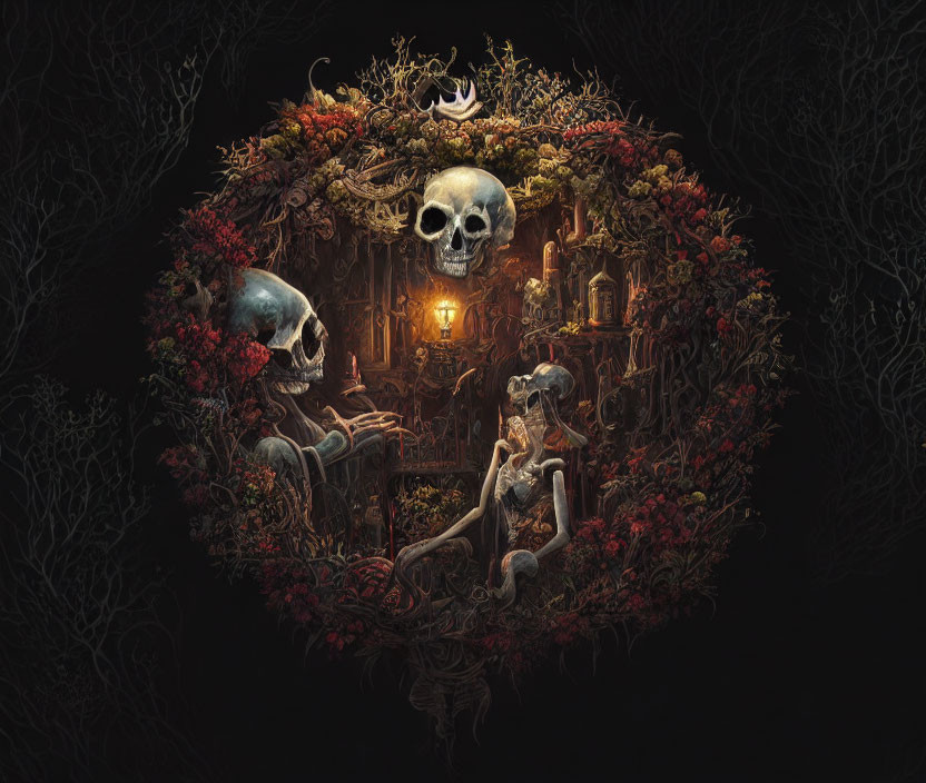 Eerie dark illustration with skulls, lantern, bones, and red foliage in symmetrical pattern