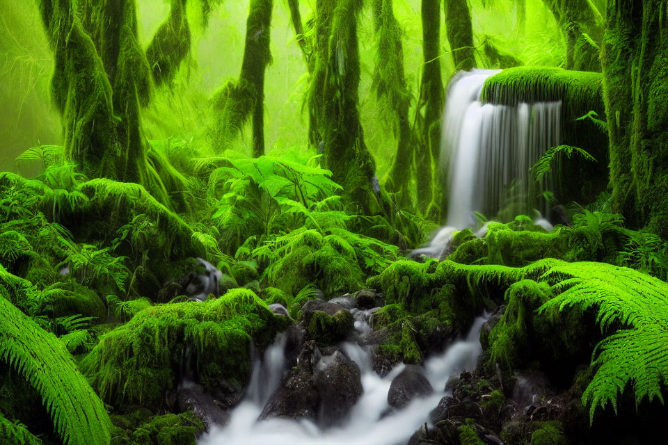 Tranquil waterfall in mossy forest with green ferns