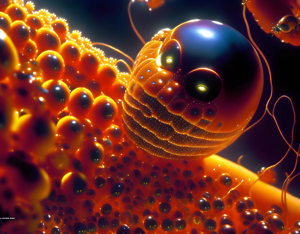 Colorful 3D render with eye-like sphere in dark backdrop