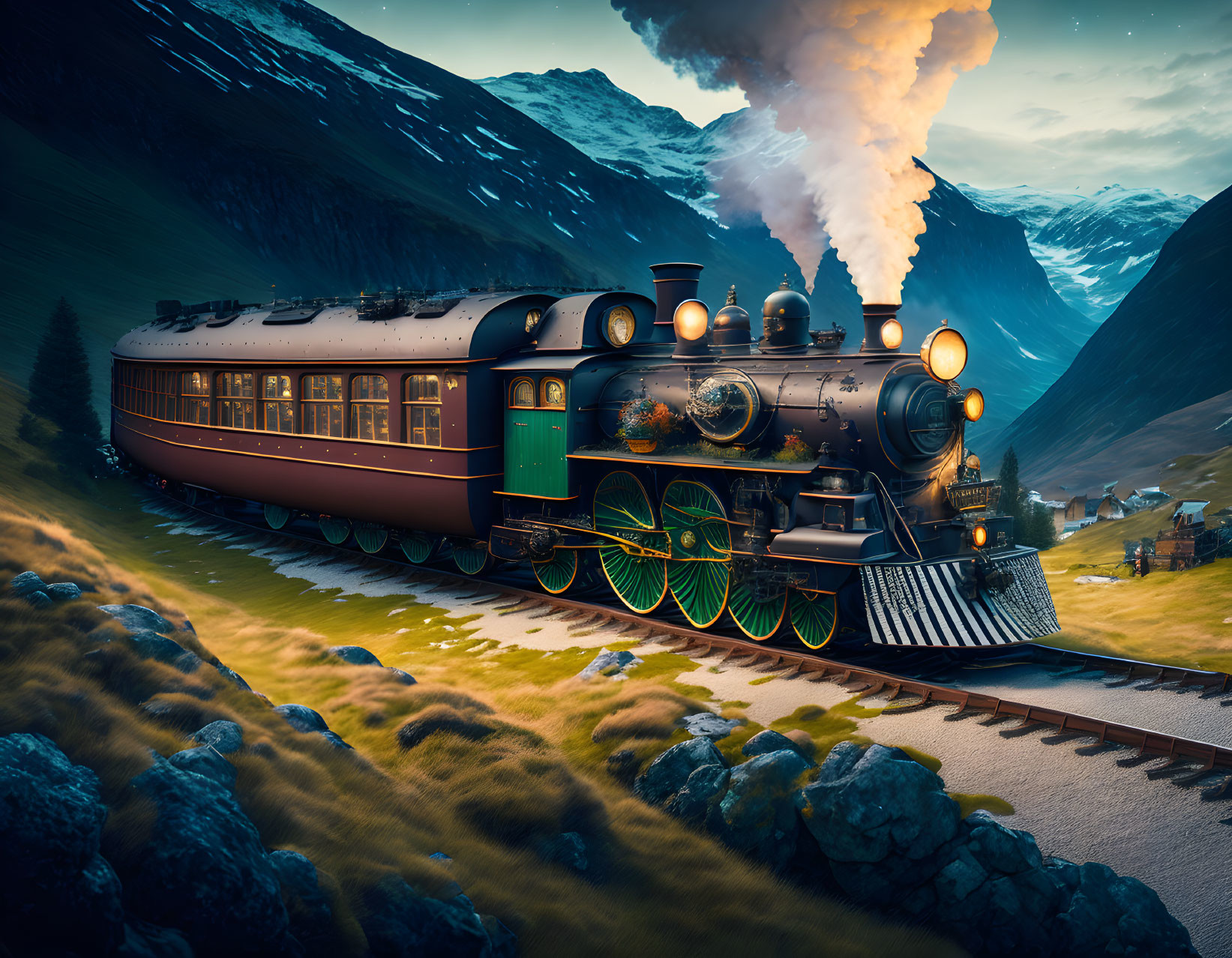 Vintage steam locomotive in mountainous valley at dusk with ornate details