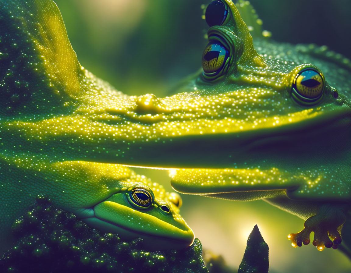 Vibrant green frogs with yellow eyes on dewy leaf in soft lighting