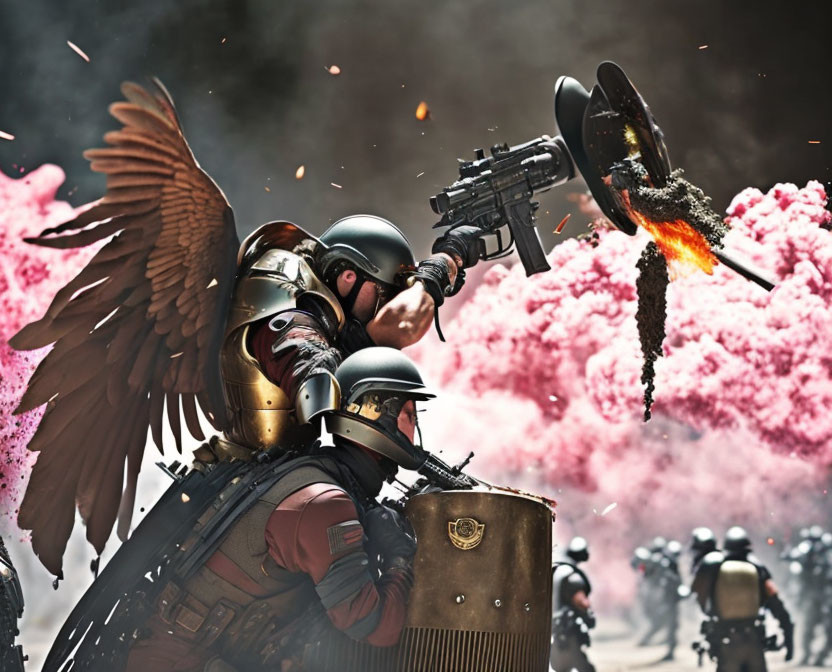 Futuristic soldiers face winged entity in chaotic battlefield