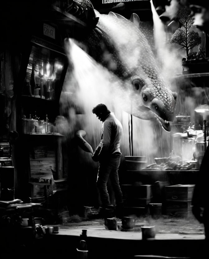 Monochrome photo of person dusting near giant crocodile head sculpture