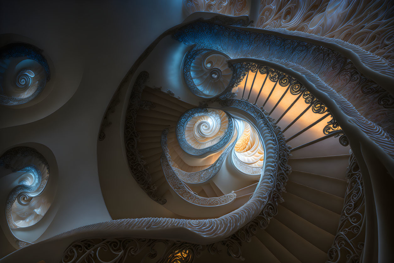 Spiral staircase with wrought iron balustrades in warm light