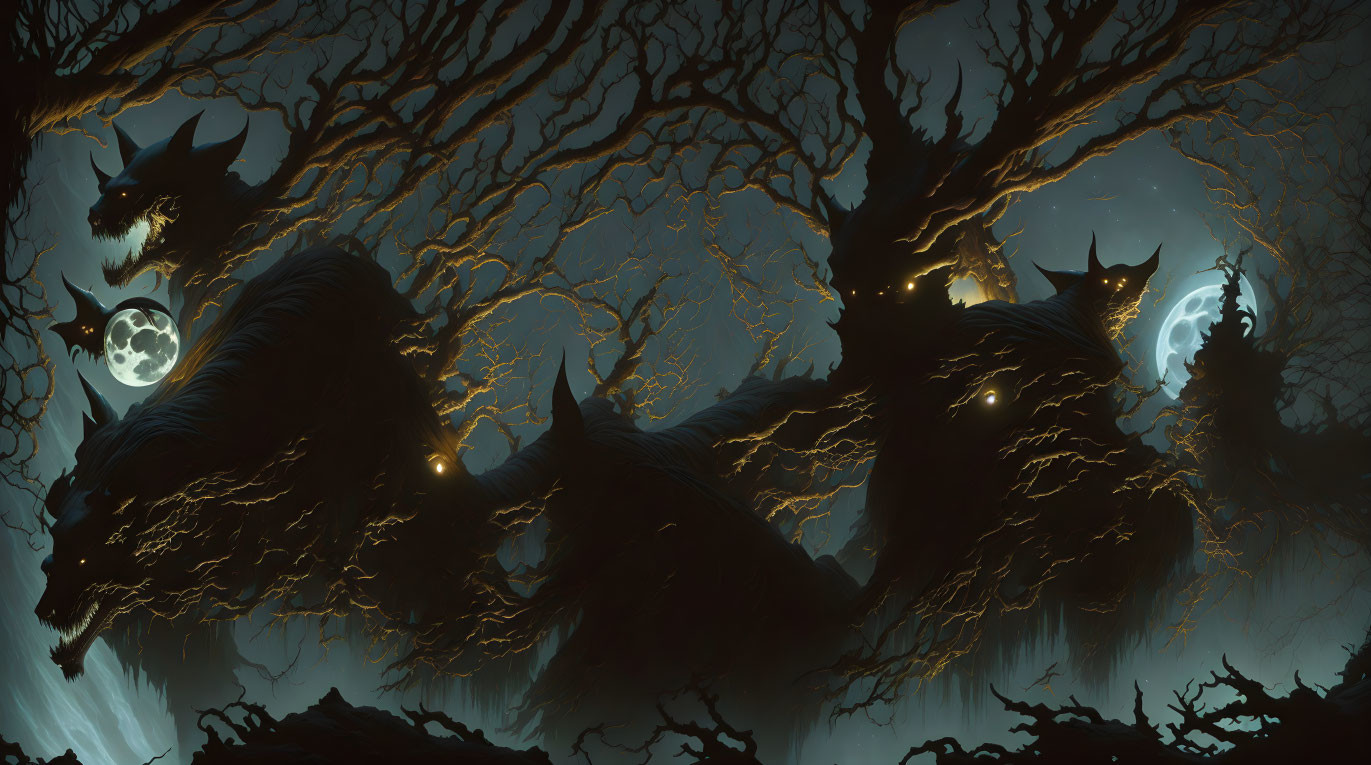 Night scene with monstrous creatures and twisted trees under a dual-moon sky