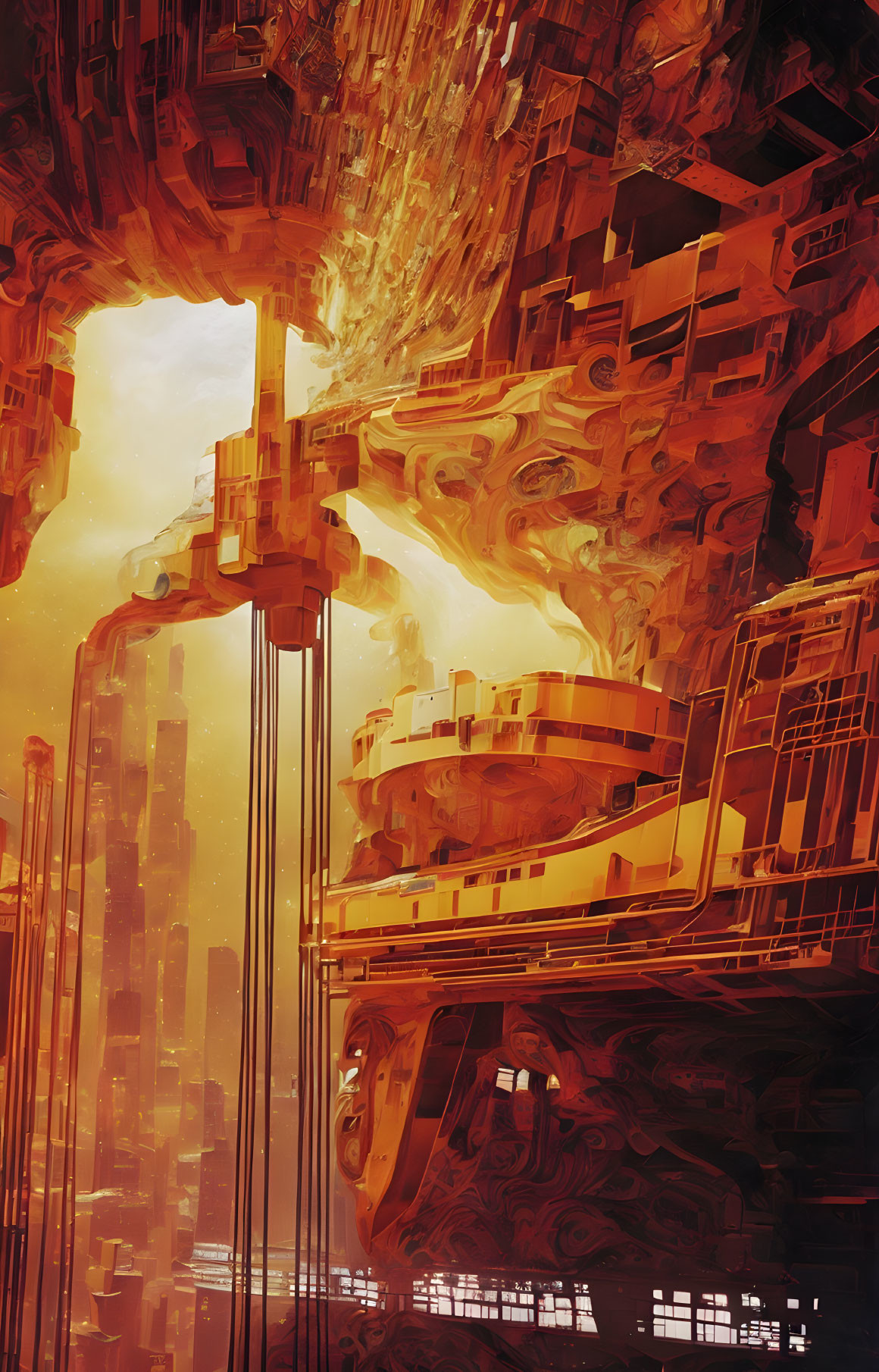 Golden-orange glow illuminates futuristic cityscape's intricate structures