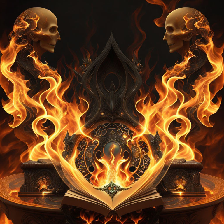 Symmetrical fiery skulls and mystical flaming book with ornate patterns