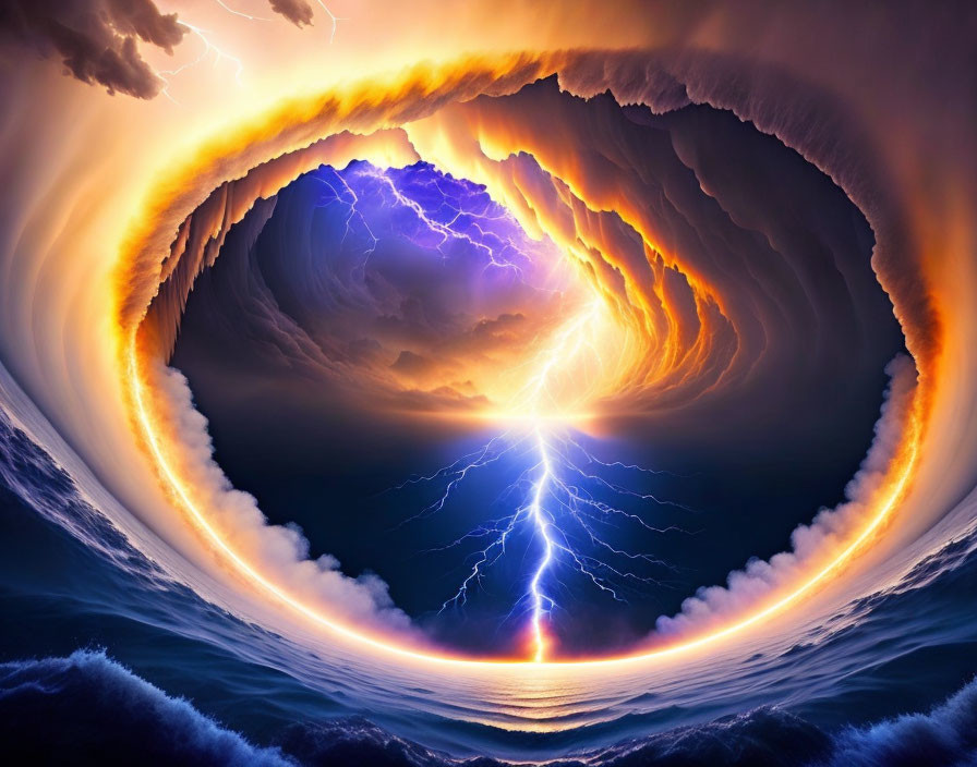 Surreal image: circular cloud formation with lightning bolt over sea