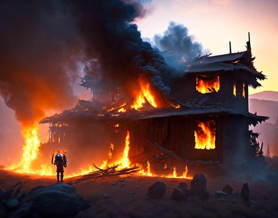 Warrior in front of burning wooden structure with billowing smoke.