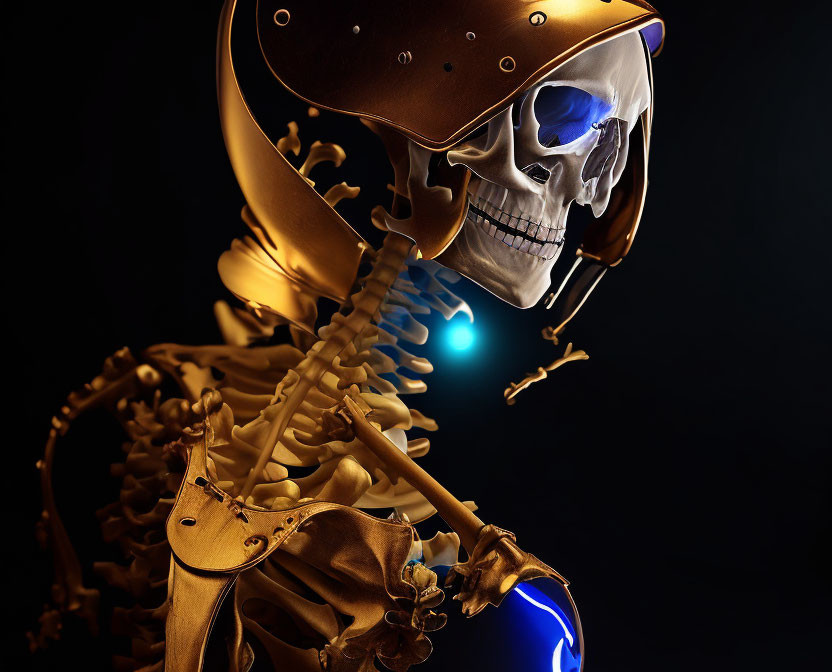 Digital artwork: Skeleton with golden armor holding blue sphere on dark background