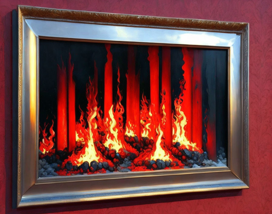 Ornate picture frame around faux fireplace with red and orange flames on gray stones against red wall