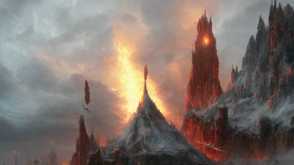 Volcanic landscape with fiery peaks and glowing structure amid ash-filled skies