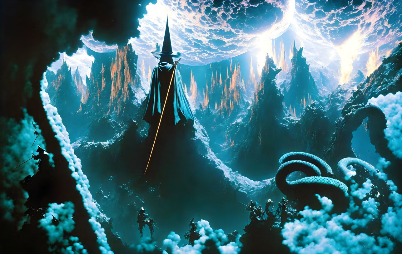 Cloaked figure gazes at alien landscape with spires, moon, and misty tentacles