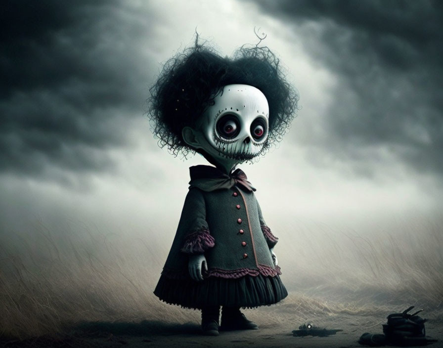 Spooky animated character with big eyes in misty landscape