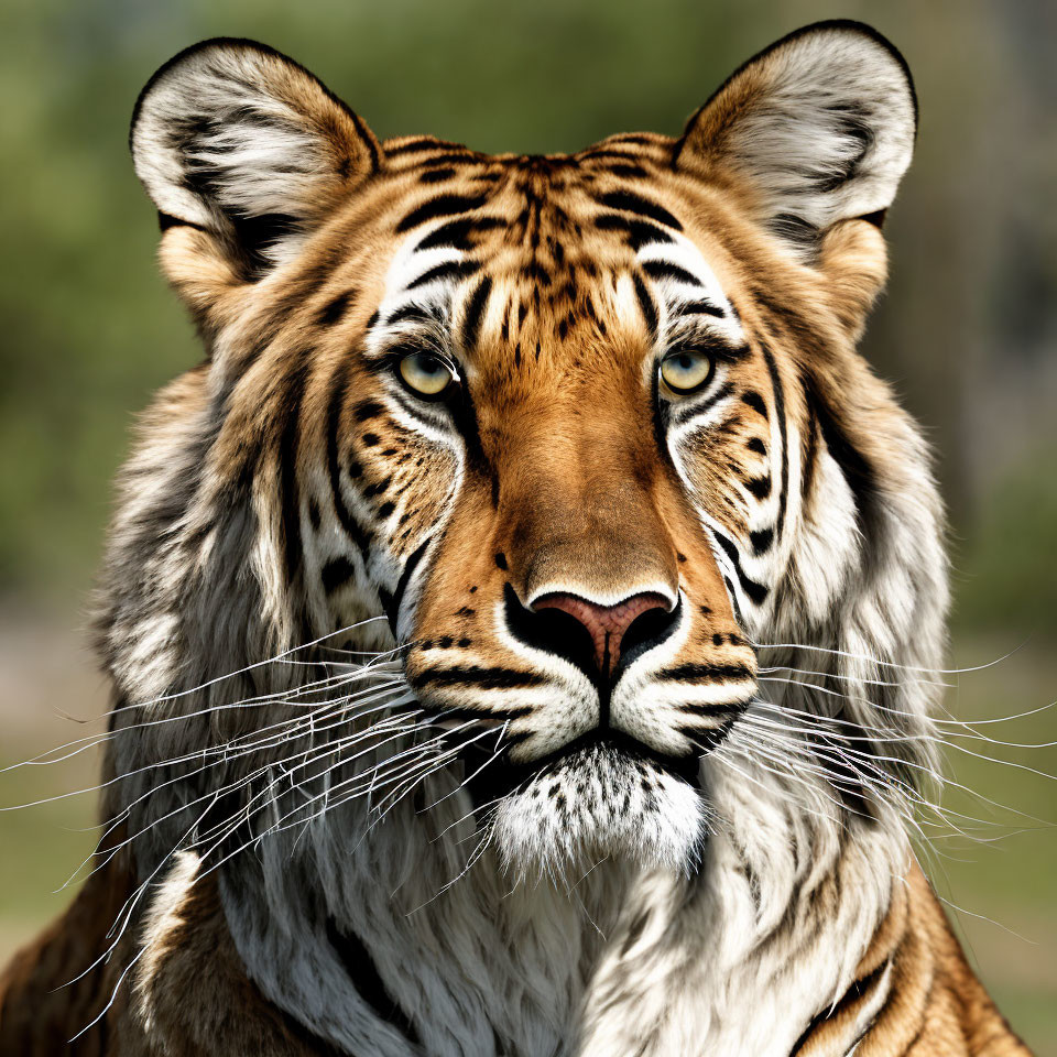 Tiger's face close-up with striped fur and piercing eyes