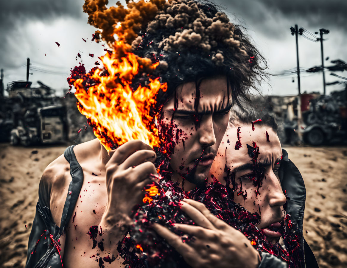 Surreal image: Embracing couple, fiery head, stormy background