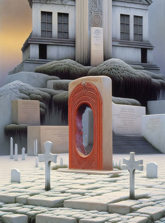 Surreal classical building with red portal, gravestones, and hair-like textures