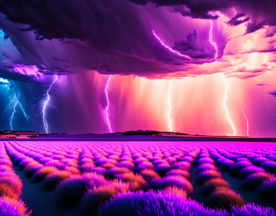 Dramatic purple lavender fields under lightning-filled sky