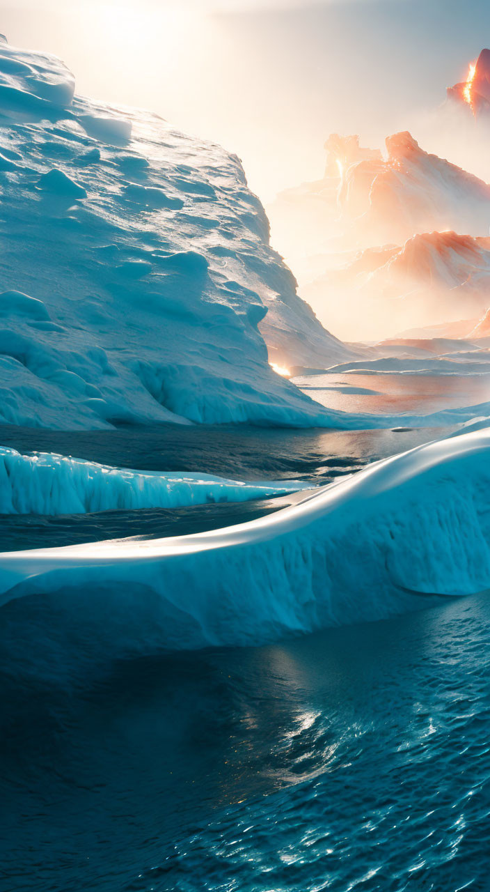 Antarctic Landscape: Sunset Illuminates Blue Sea Ice