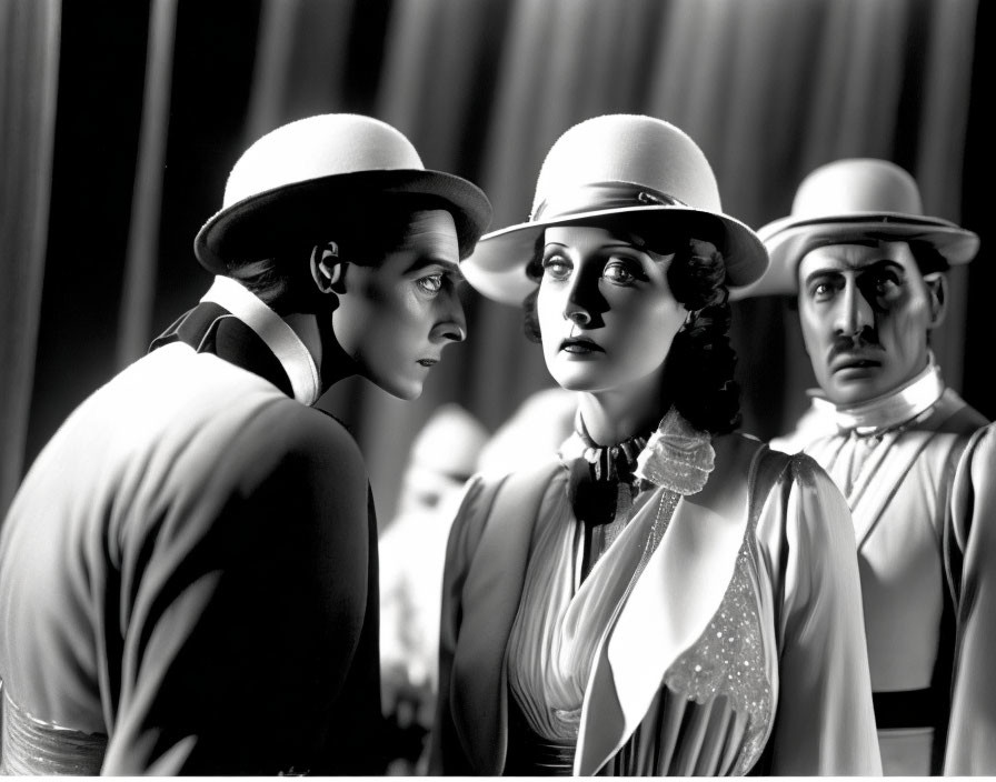 Vintage black-and-white photo of two men and a woman in 1930s attire with fedoras