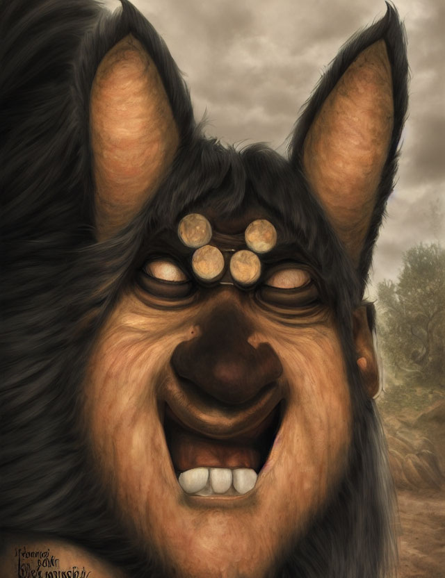 Smiling wolf-like creature with human-like face and symbols