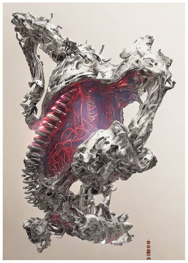 Complex Structure with Metallic Textures and Glowing Red Patterns