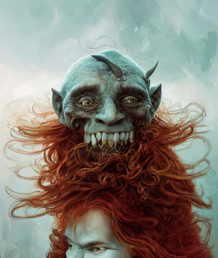 Fantasy creature with blue skin, sharp teeth, horns, and person with red hair depicted in portrait