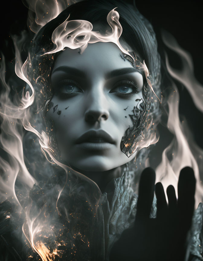 Portrait of woman with dramatic makeup in swirling ethereal flames and smoke