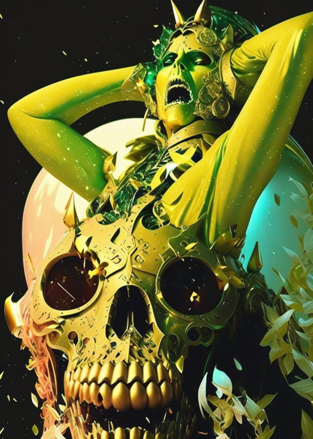 Skull with sunglasses and crown in neon green fantasy scene