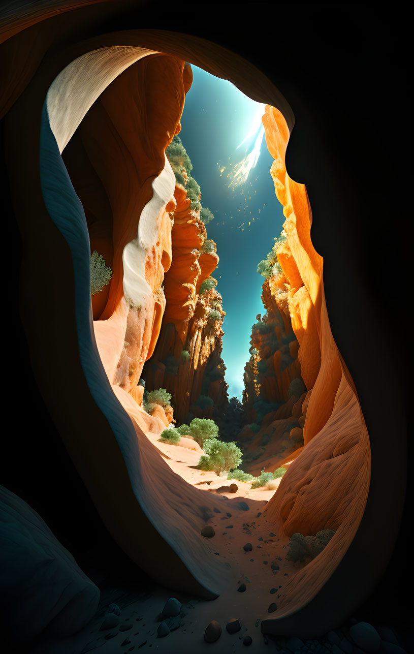 Sandstone Canyon View: Bright Blue Sky & Sunlight Filtering Down