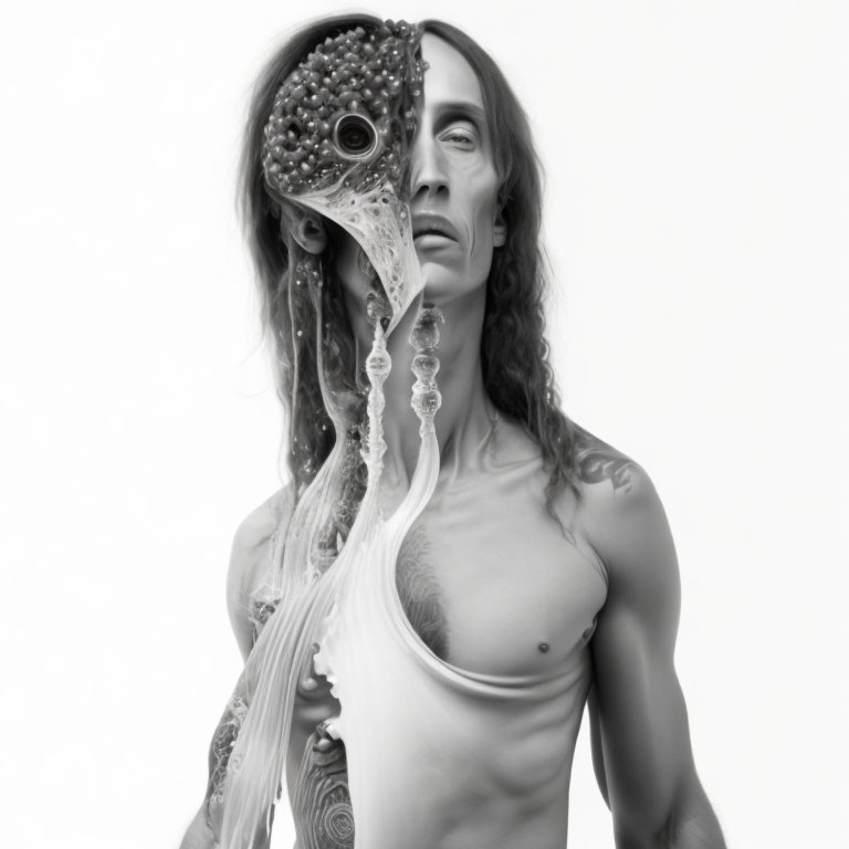 Surreal black and white image of person with distorted, elongated head