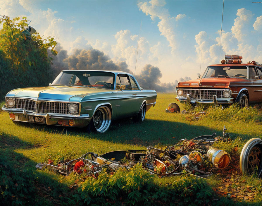 Vintage Cars Parked in Grass Field with Car Parts and Hazy Sky