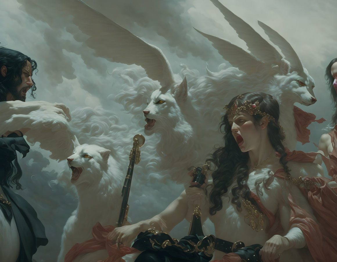 Fantasy art: Woman in red with crown, man, white winged wolves in clouds