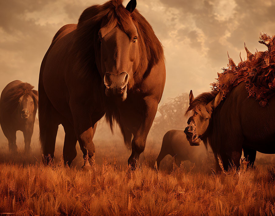 Majestic horses in golden-red field under warm light