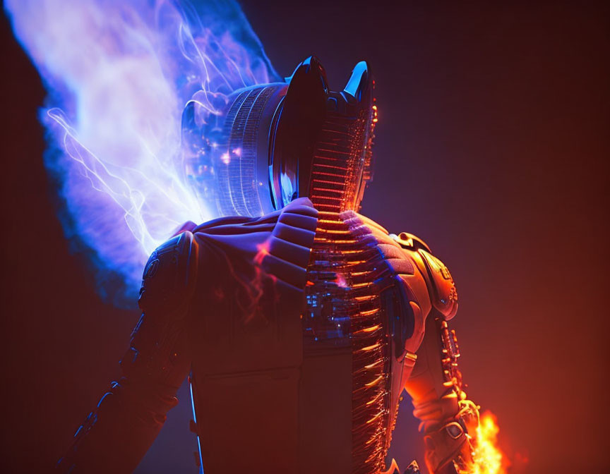 Futuristic robot with intricate designs illuminated by blue light and orange flames