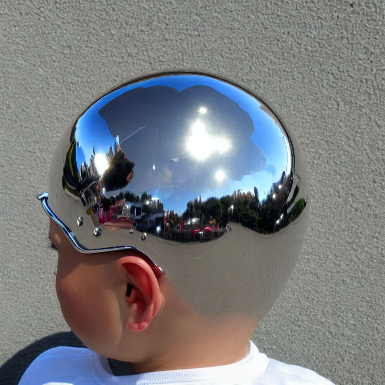 Child wearing reflective helmet blending with environment, trees, cars, and sun.