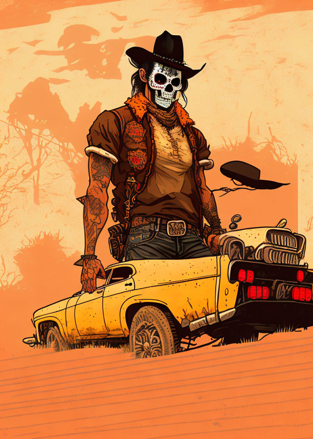 Skeleton in Cowboy Hat Leaning on Car in Desert Scene