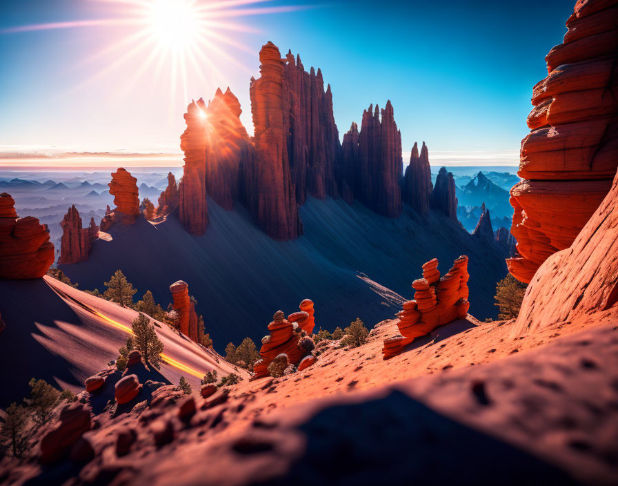 Vivid red rock formations under clear blue sky with warm sun glow