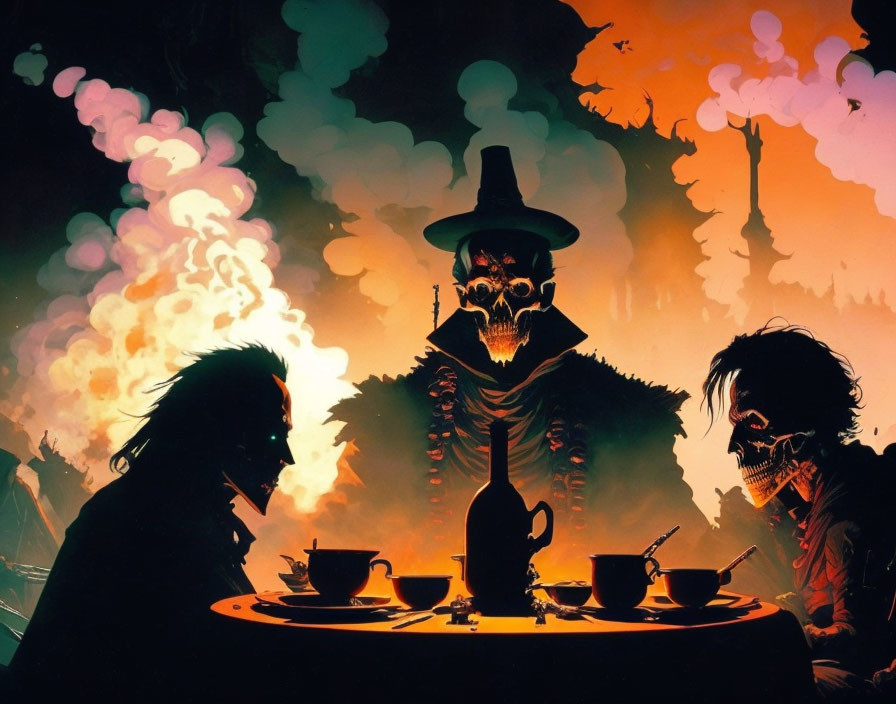 Three skeletal figures in hats at a table with teacups in eerie setting