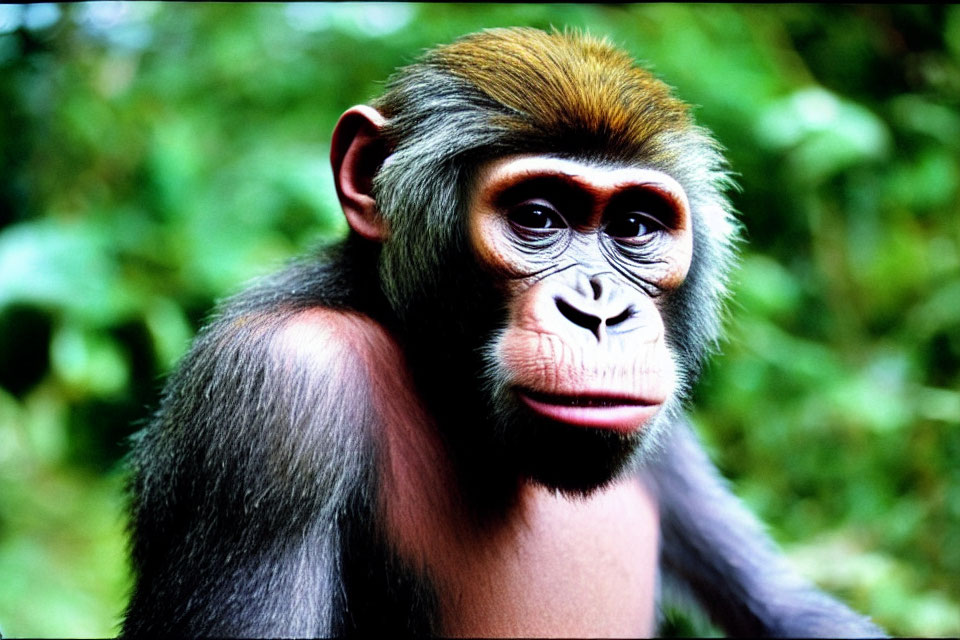 Young primate with dark fur in close-up against green forest backdrop