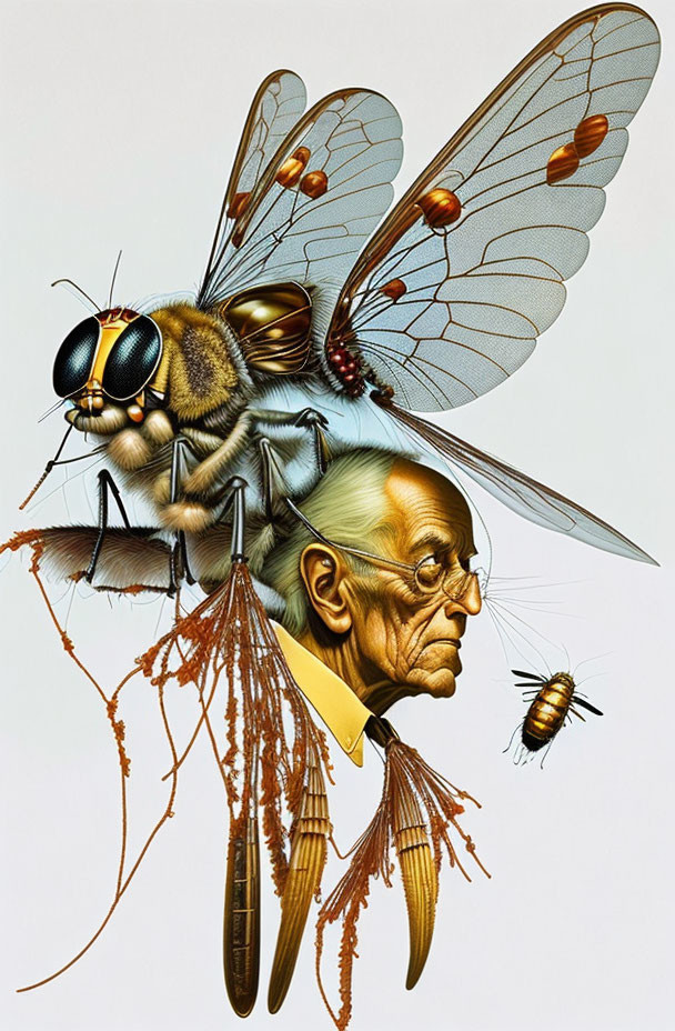 Surreal artwork: Human face with insect features, large eyes, wings, spindly legs