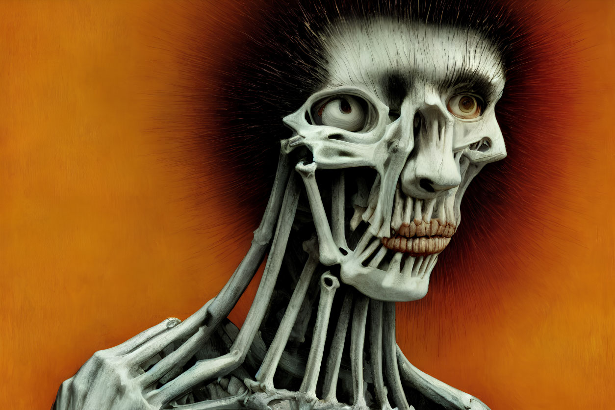 Surreal humanoid figure with skeleton-like face and exposed spine on orange background