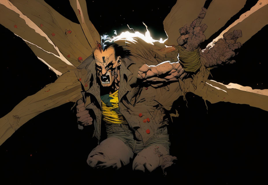 Intense male character with claws tearing wood in comic book illustration